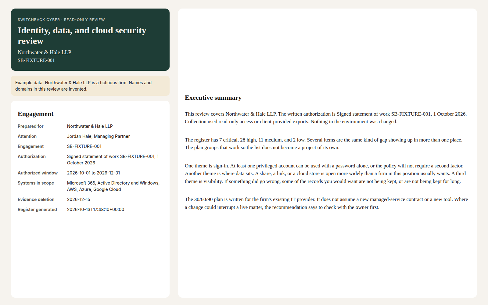 Example data: fictitious firm (Northwater & Hale LLP). Executive summary of a sample review, with scope and themes.