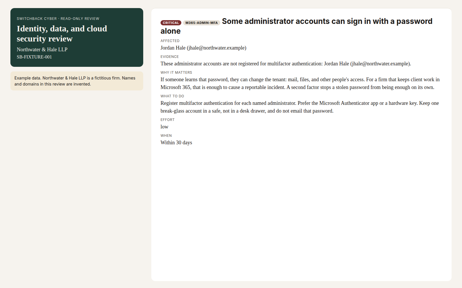 Example data: fictitious firm (Northwater & Hale LLP). Detail page for one sample finding.