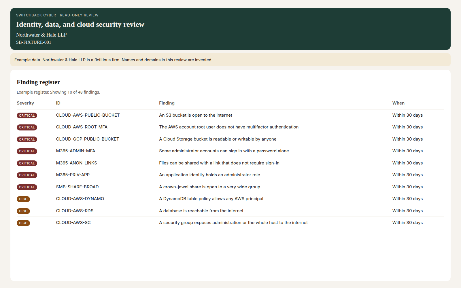 Example data: fictitious firm (Northwater & Hale LLP). Finding register grouped by theme.