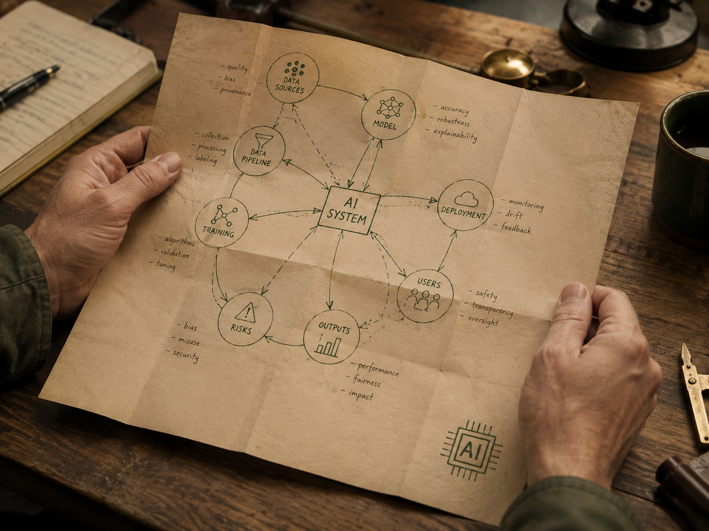 Hands holding a diagrammed map representing the AI Risk add-on.